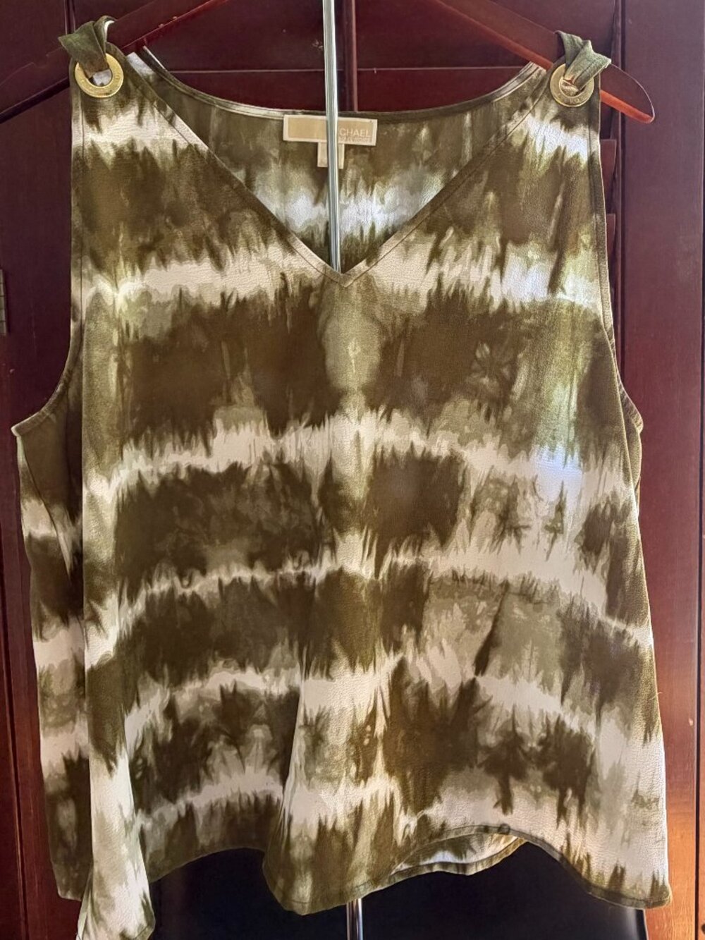 Michael Kors Olive Tie-Dye Sleeveless Top XL Gold Hardware Boho Chic